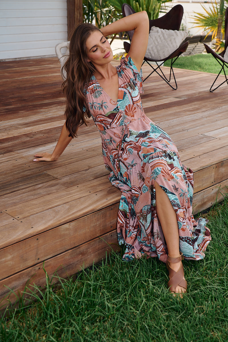 Jaase Melissa Maxi Dress: Pull Tie Waist Dress With Split In Lakeside Serenity Print