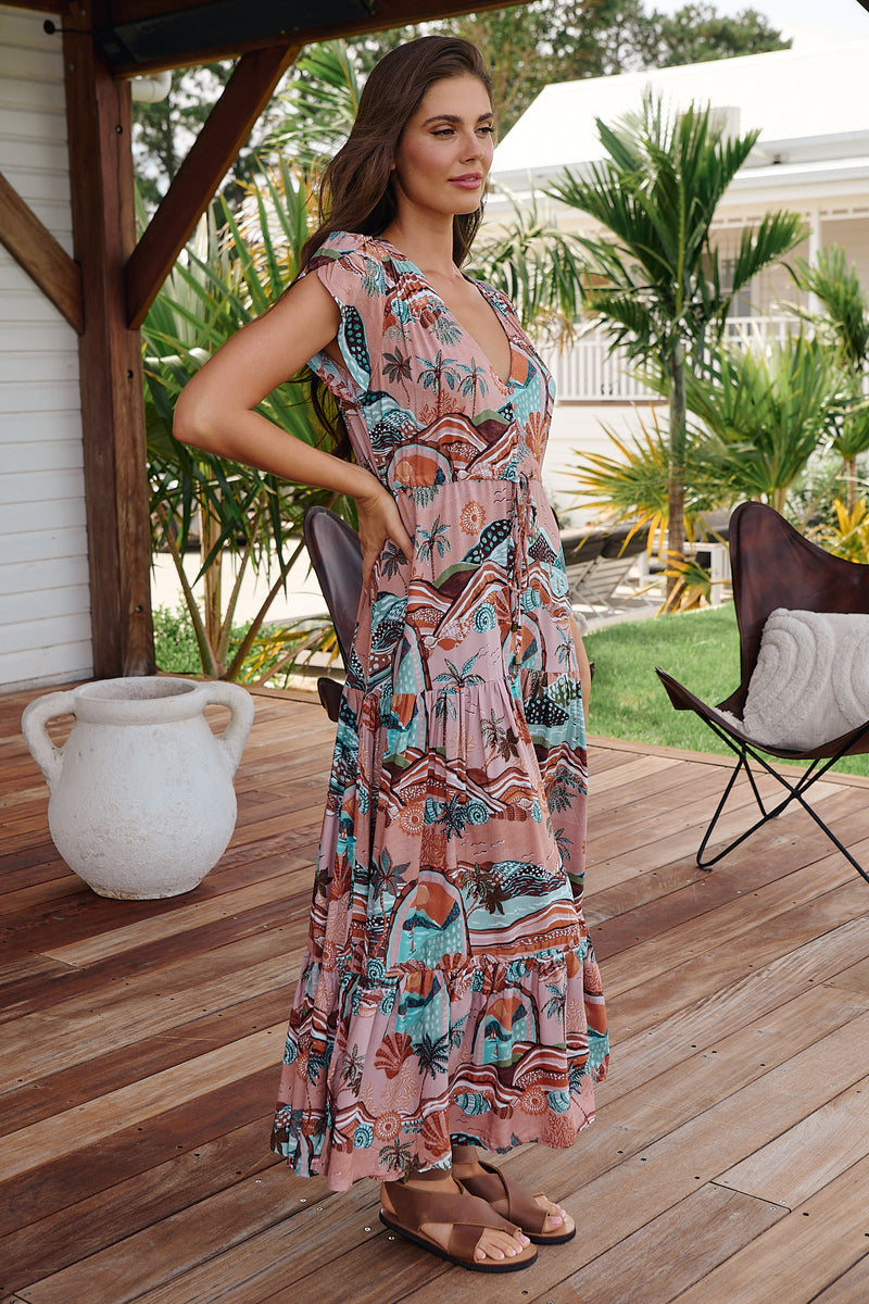 Jaase Melissa Maxi Dress: Pull Tie Waist Dress With Split In Lakeside Serenity Print