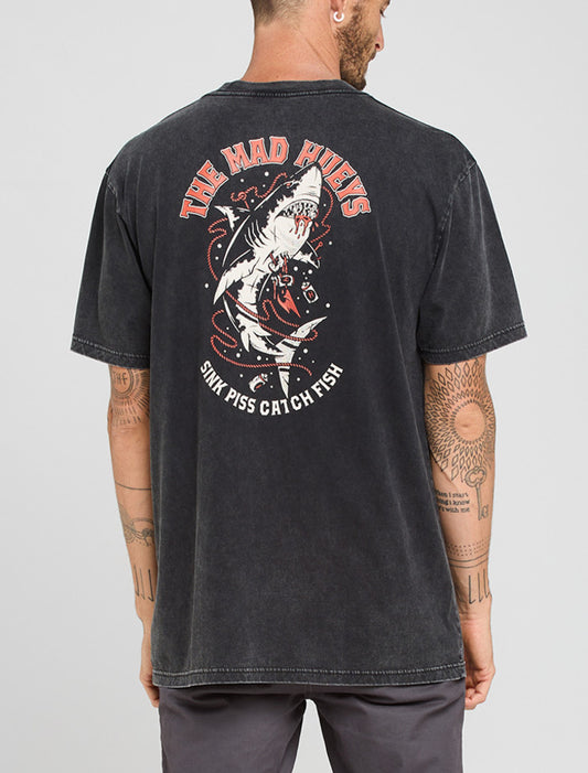 The Mad Hueys Skewered Shark SS Tee - Washed Black